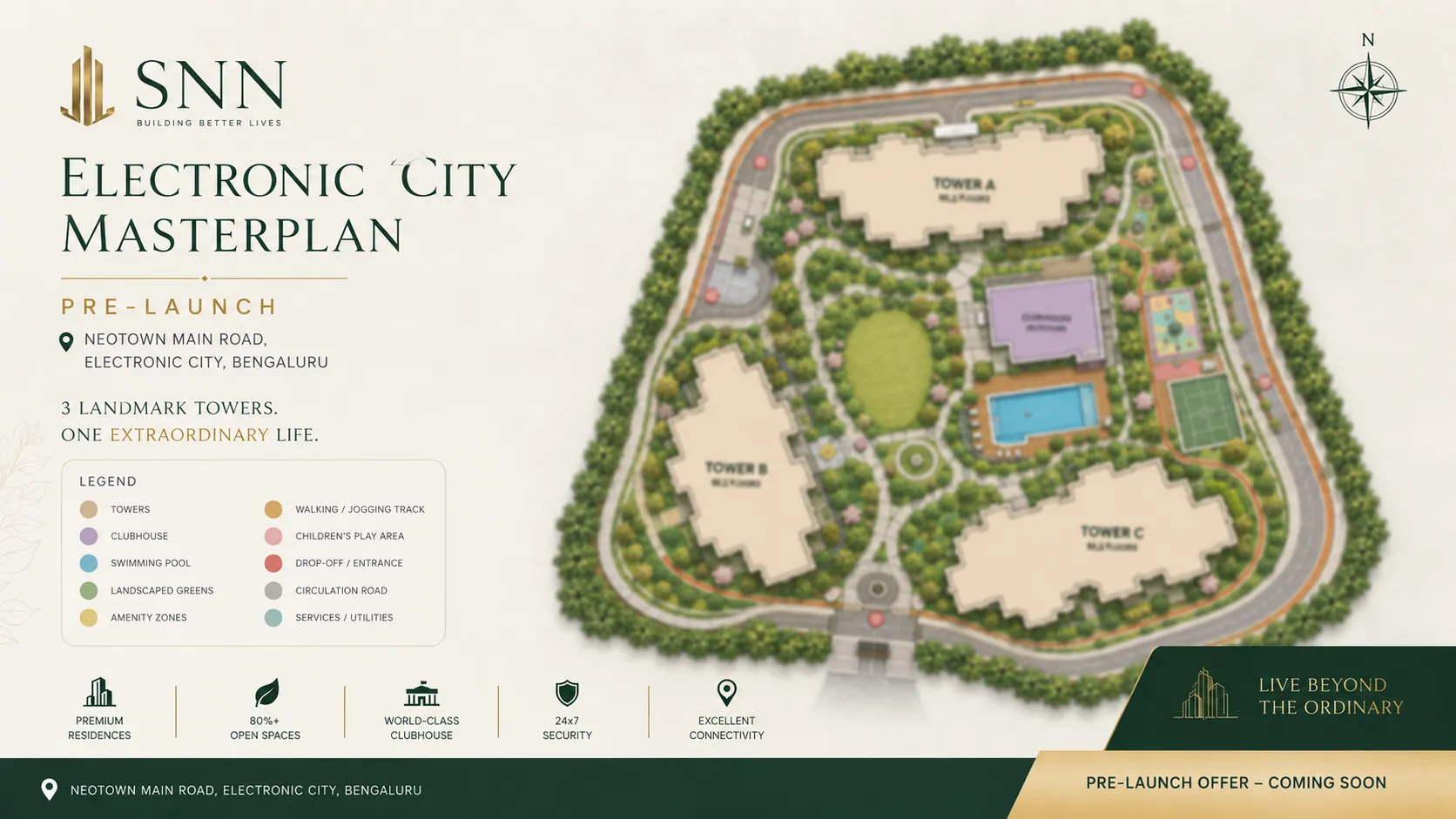 SNN Electronic City master plan showing three high-rise towers, basement parking, amenity decks and green open space SNN Electronic City master plan showing three high-rise towers, basement parking, amenity decks and green open space